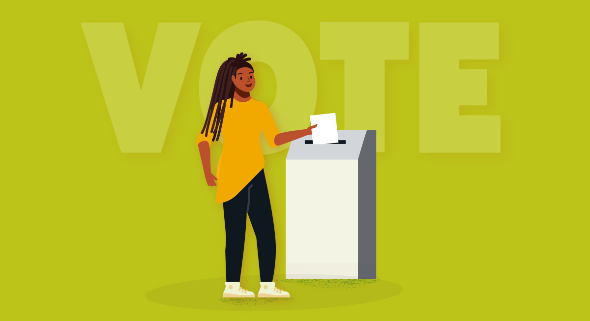 Digital landscape orientation cropped vector minimalistic illustration view of a Black woman with dreadlocks casting a ballot into a voting box, with the word VOTE in large, faded letters in the background behind this woman