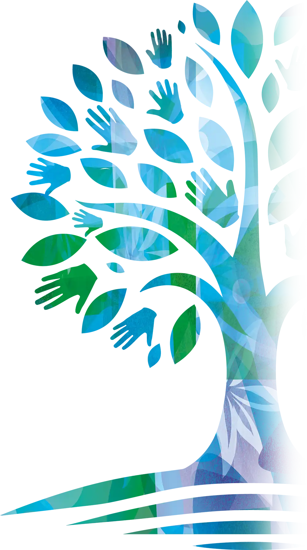A stylized tree with blue and green leaves and hands as part of its branches against a white background.