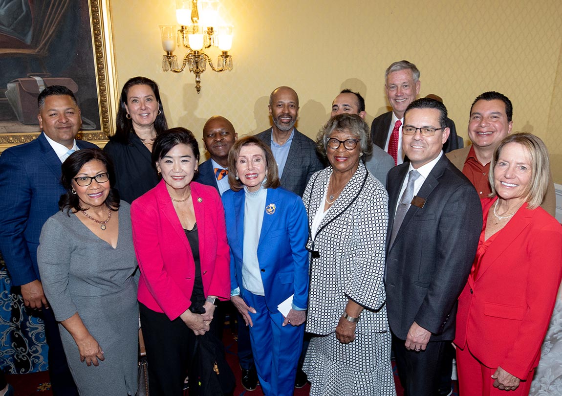 group photo of CSBA and ACSA leadership with California Rep. Norma Torres (D-35), Rep. Judy Chu (D-28) and House Speaker Emerita Nancy Pelosi (D-11) at the Coast2Coast Reception in the House Members Dining Room at the U.S. Capitol