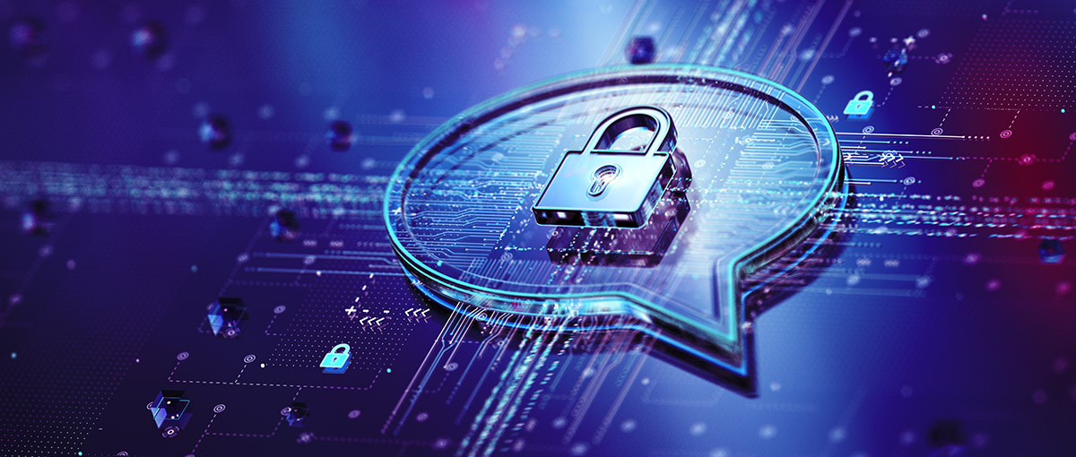 digital graphic of a lock in a speech bubble against a blue circuitboard background