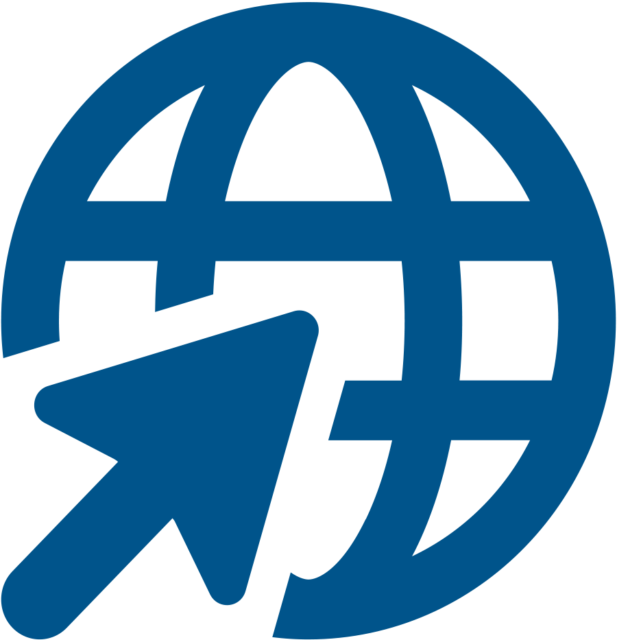A vector minimalistic blue illustrative icon symbol of a stylized globe with a computer mouse cursor arrow pointing towards it, symbolizing internet or website navigation