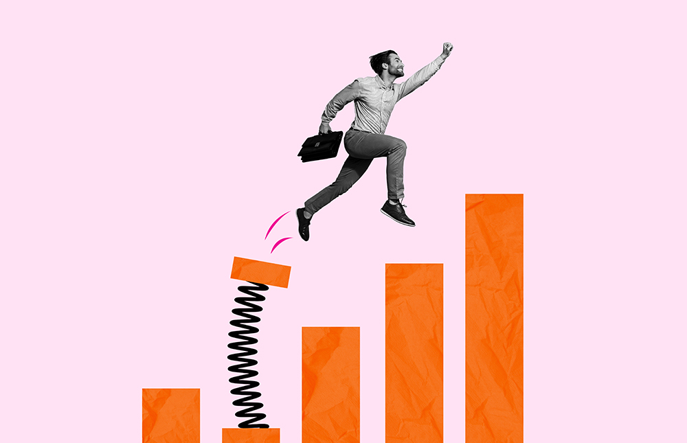 A man with a briefcase is launched by a spring onto a rising bar chart, symbolizing career growth.
