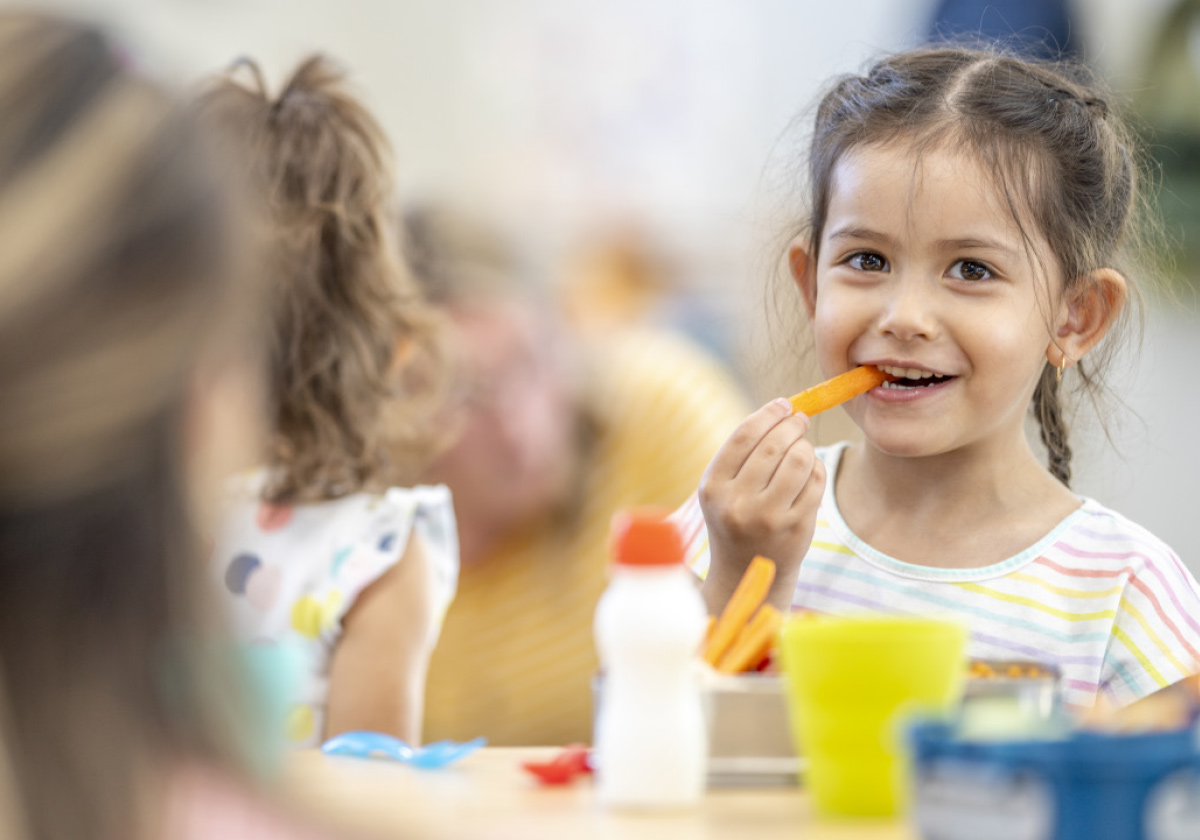 female child with brown hair in braids eating carrot