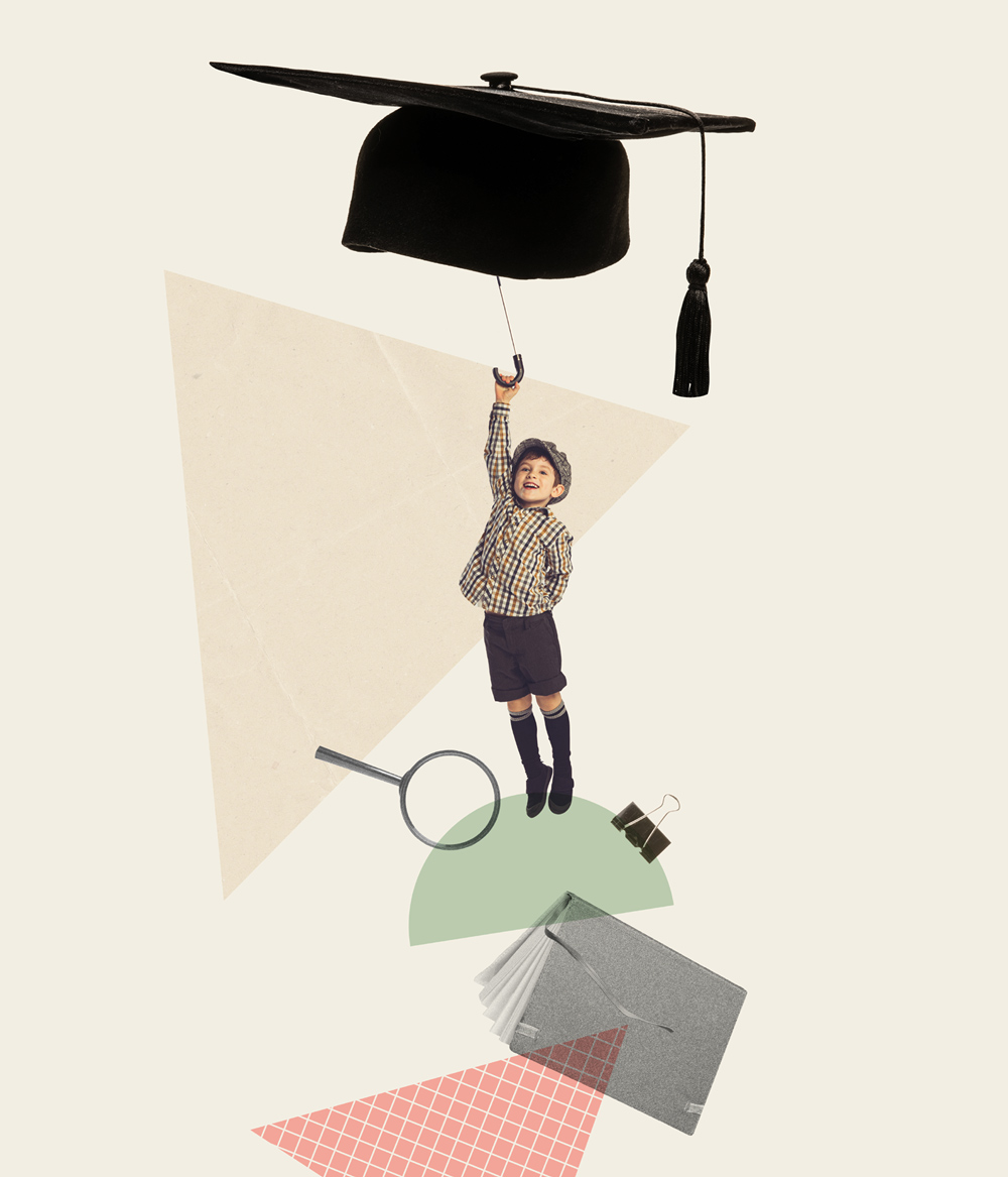 Collage of a child holding a graduation cap tassel, with a book, magnifying glass, and geometric shapes.