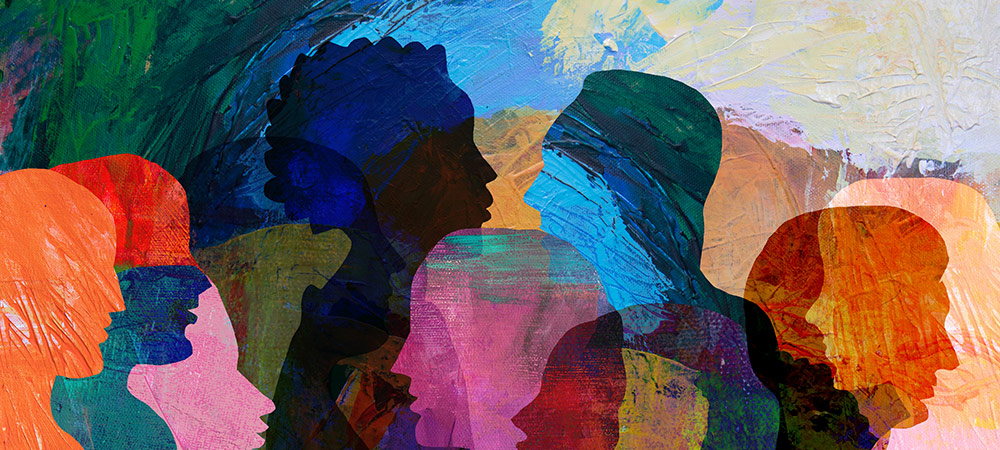 an artistic depiction of multiple diverse faces in silhouette against a textured, multi-colored background