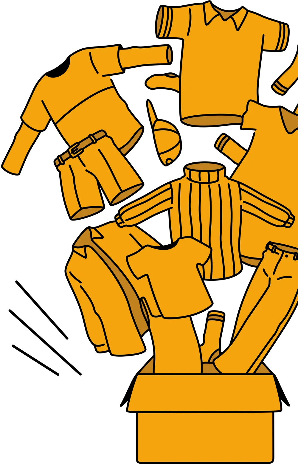 An illustration of various items of clothing flying out of a cardboard box.