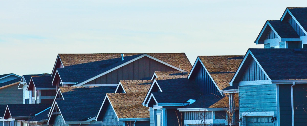 A row of residential rooftops is shown from a low angle, highlighting the various gables and rooflines. The houses are clad in gray and blue siding with brown shingle roofs, and the sky above is a pale blue. The image focuses on the architectural patterns of the roofs.