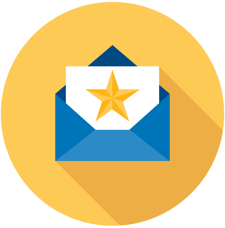 Flat design icon on a yellow circle showing an open blue envelope with a white card inside, featuring a large gold star.