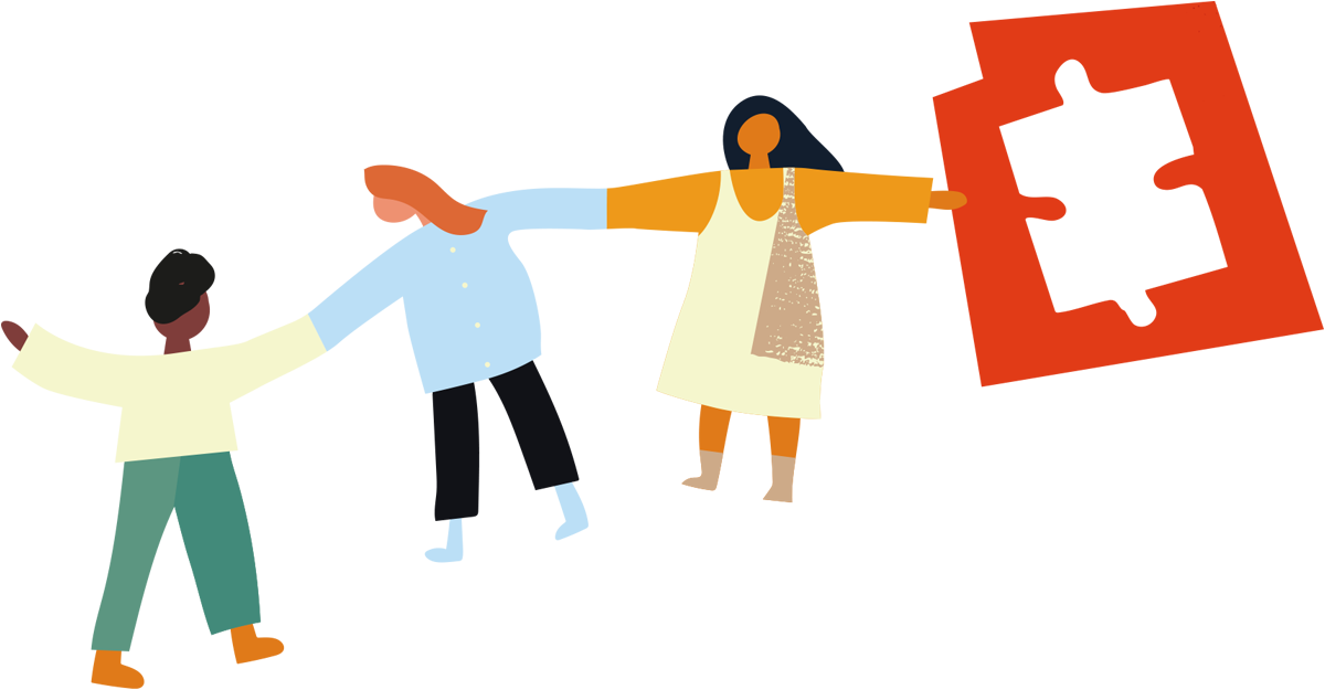 Illustrated image showing three children holding hands, one of the children also lifts holds large red puzzle piece in another hand.