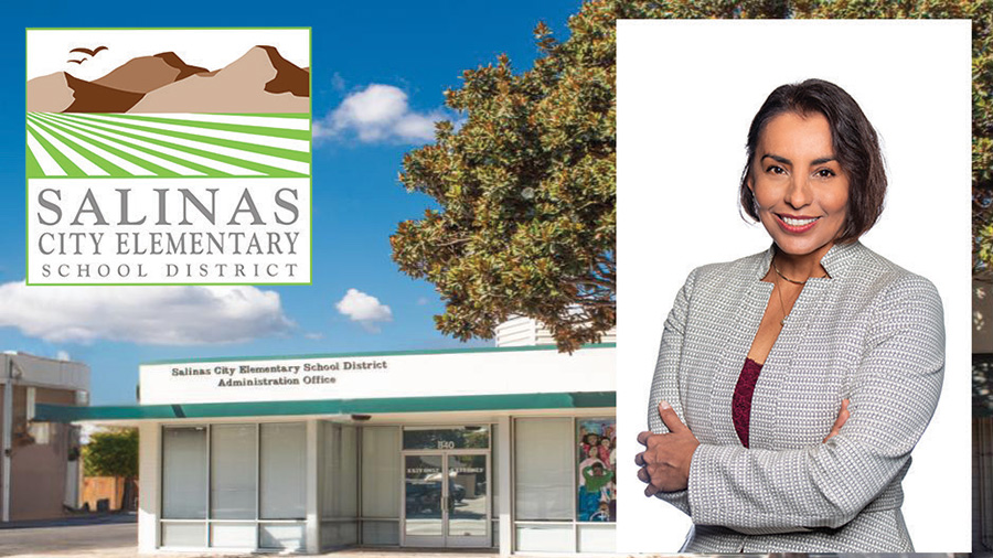 Dr. Rebeca Andrade headshot; Salinas City Elementary School District logo; outside view of school