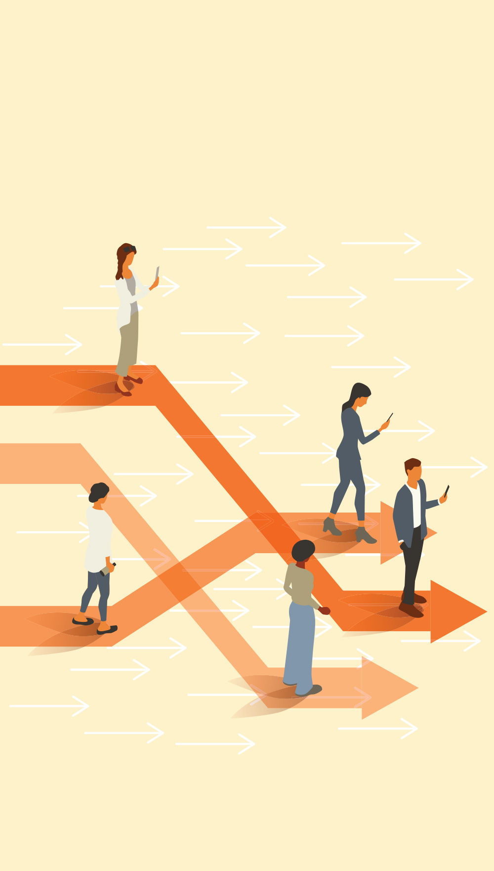 A conceptual digital illustration of five diverse professionals standing on intersecting orange pathways, representing a collaborative governance team navigating complex directions.