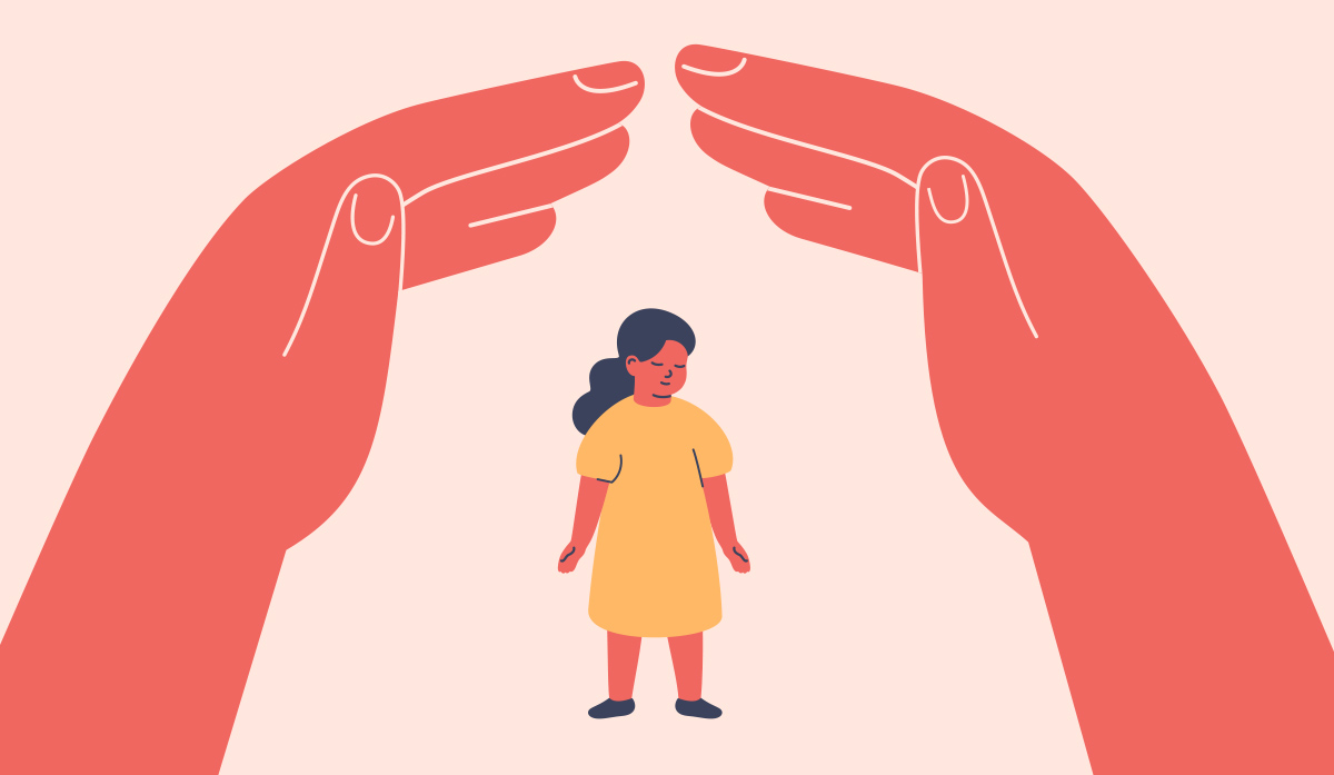 A conceptual digital illustration of two large protective red hands forming a sheltered arch over a young girl in a yellow dress, representing child safety and community support.