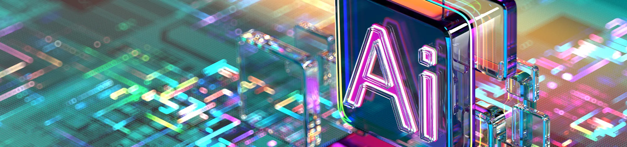 3D digital illustration of a glowing neon "AI" symbol within a glass block.