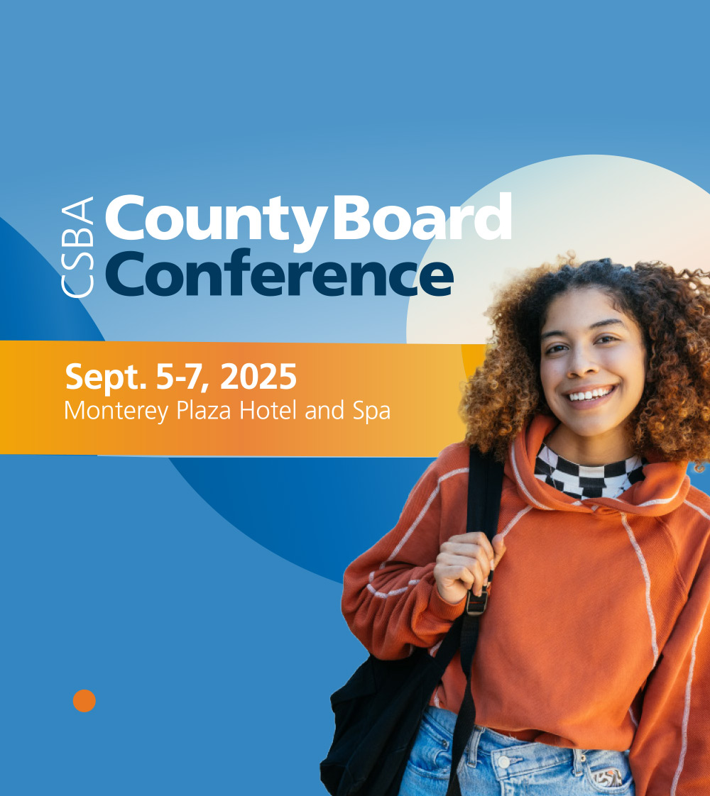 Promotional graphic for the CSBA County Board Conference, Sept. 5-7, 2025, featuring a smiling student with a backpack.