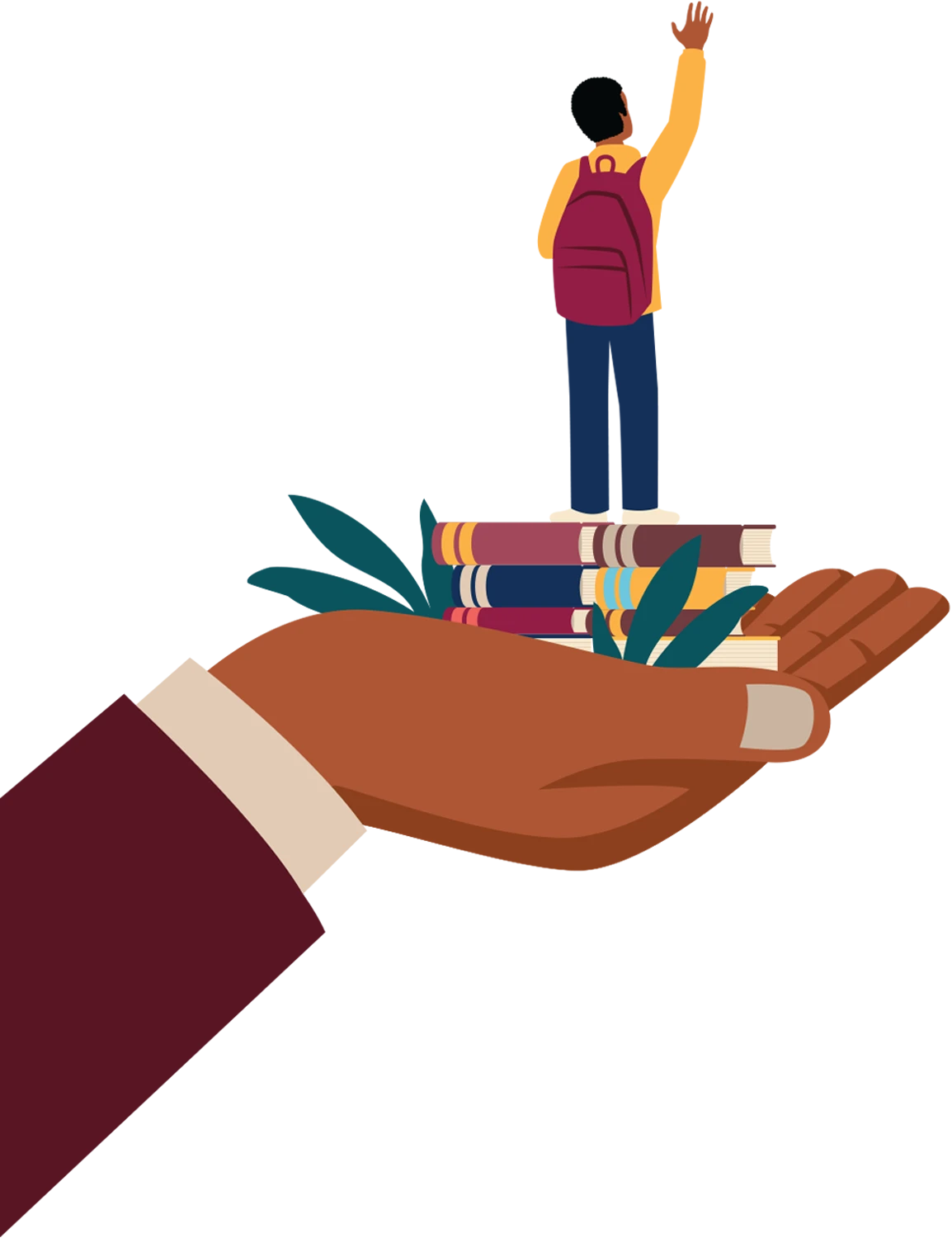 a large hand holds a young boy wearing a backpack up to a large star in the sky