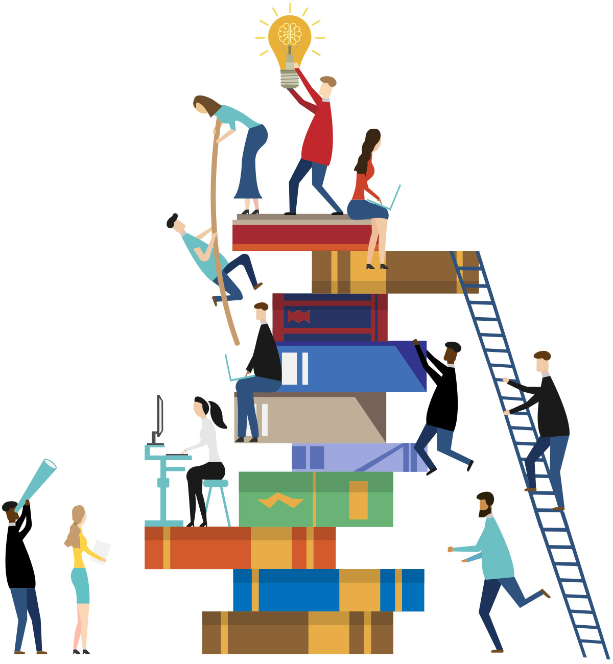 Illustration of diverse professionals collaborating on a giant stack of colorful books, using ladders, ropes, and laptops