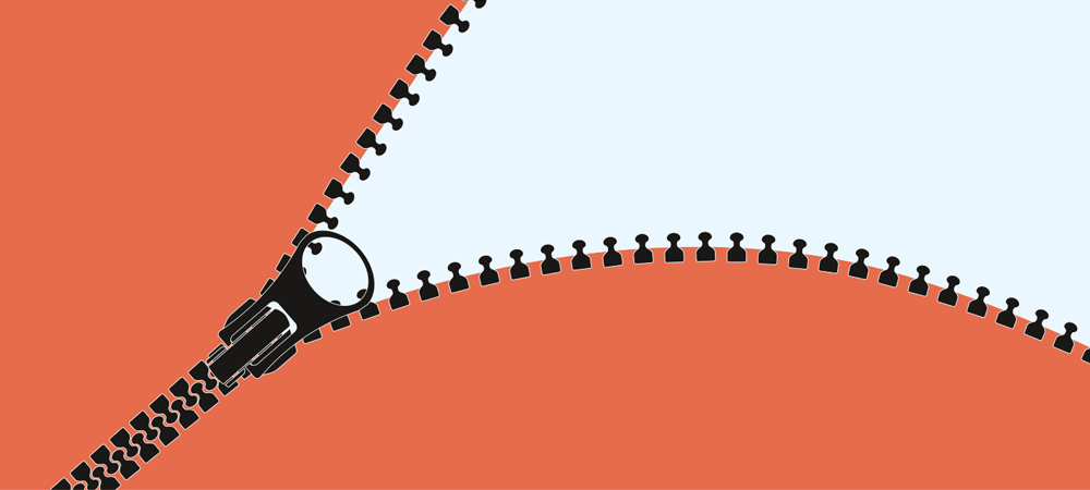 A stylized illustration of a black zipper unzipping a terracotta-colored surface to reveal a plain white background underneath.