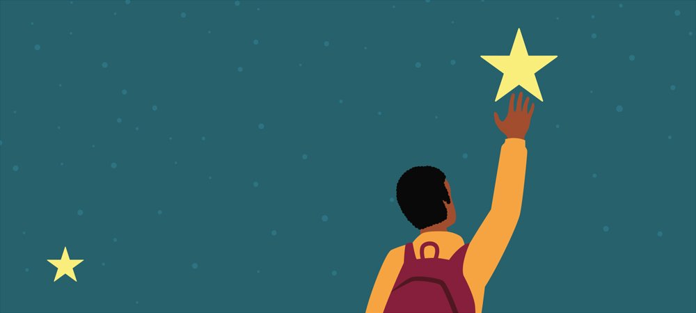 A flat-design illustration of a person wearing a backpack reaching up to touch a large, glowing yellow star in a dark teal, starry night sky.
