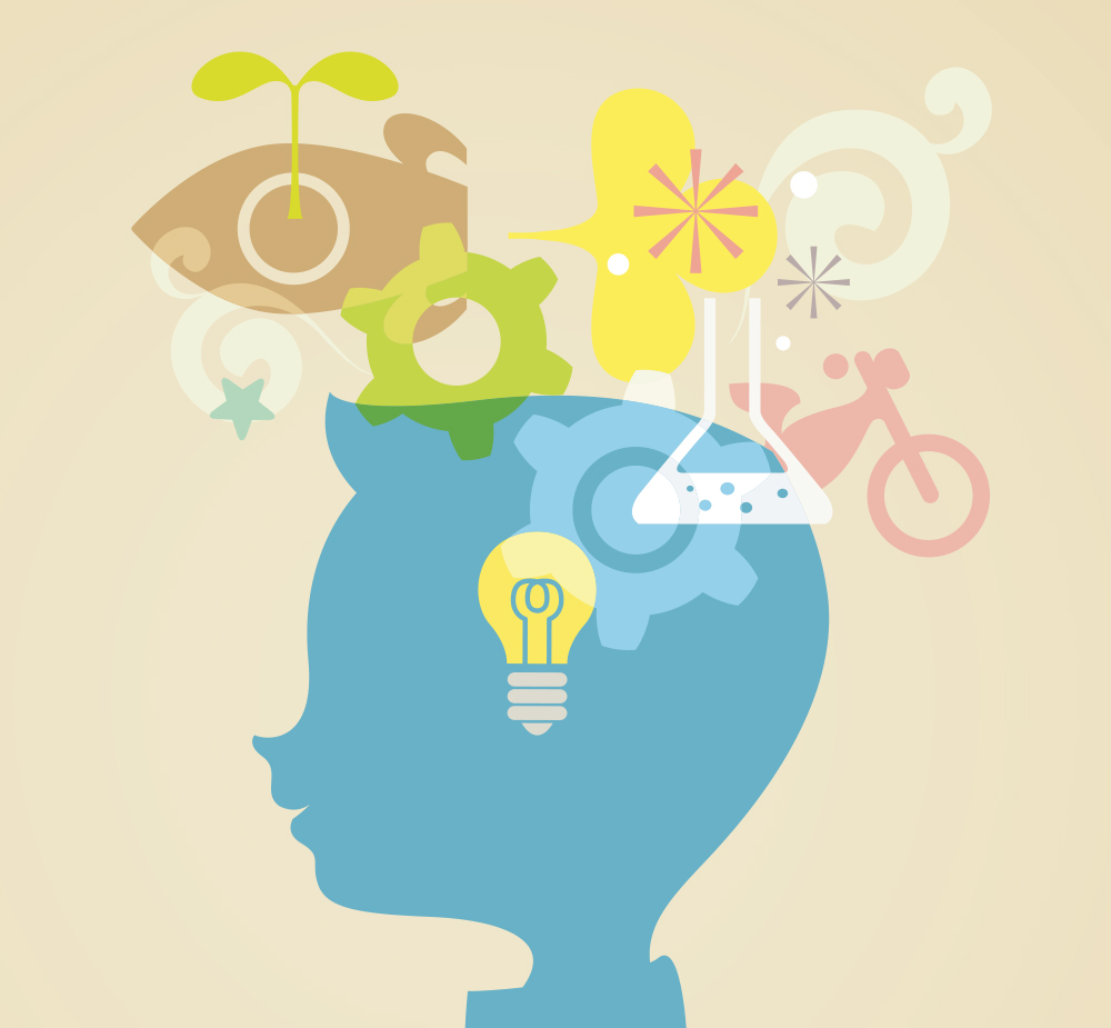 digital illustration of young child with various icons above his head like gears, rocket ship, science beaker, light bulb, and motorcycle