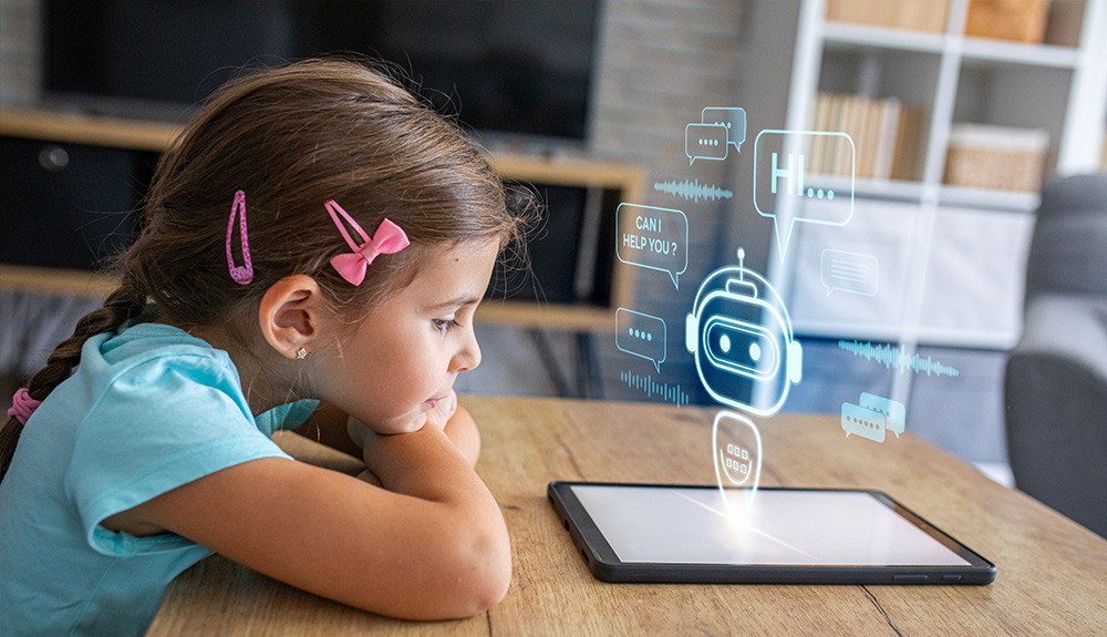 A young girl looks at a tablet displaying a holographic robot assistant with speech bubbles like "HI..." and "CAN I HELP YOU?"