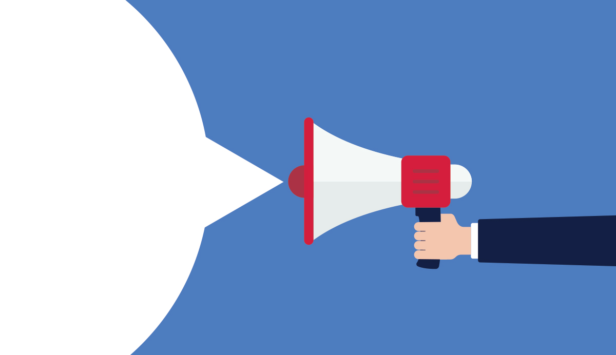 A hand holds a red and white megaphone with a large white speech bubble on a blue background.