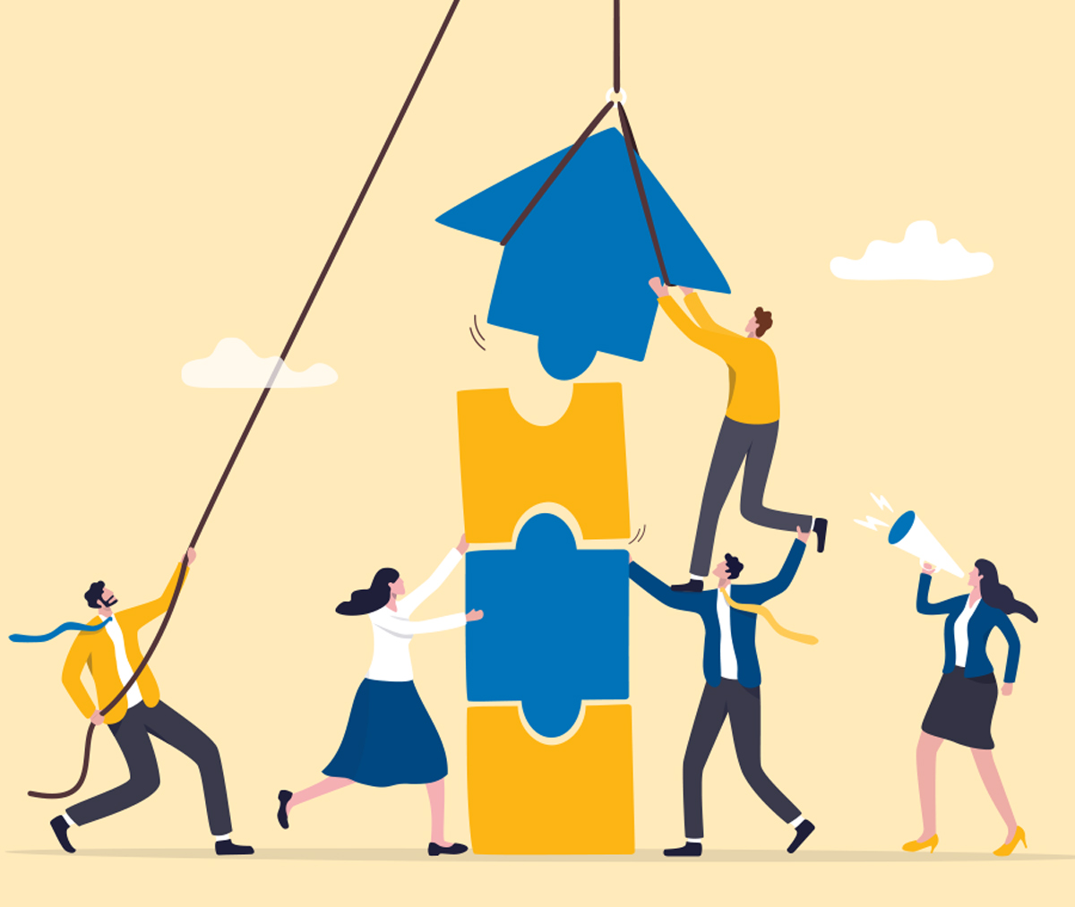 An illustration of five people working together to build a tower of interlocking puzzle pieces. A man on the left pulls a rope to guide a crane lowering a blue arrow top piece, while others assist below. A woman on the right holds a megaphone.