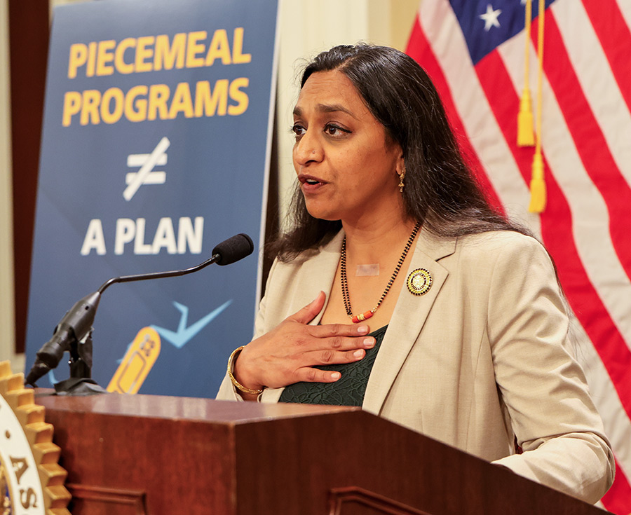 Assemblymember Patel speaks at a podium with a hand on her chest. Behind her is a blue sign that reads “PIECEMEAL PROGRAMS ≠ A PLAN” and an American flag.