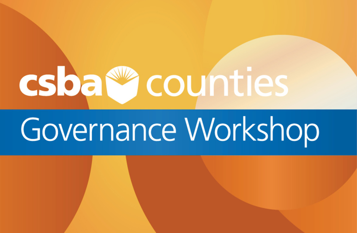 Graphic for "csba counties Governance Workshop" featuring the organization's logo on a blue band over an abstract orange and yellow circular background
