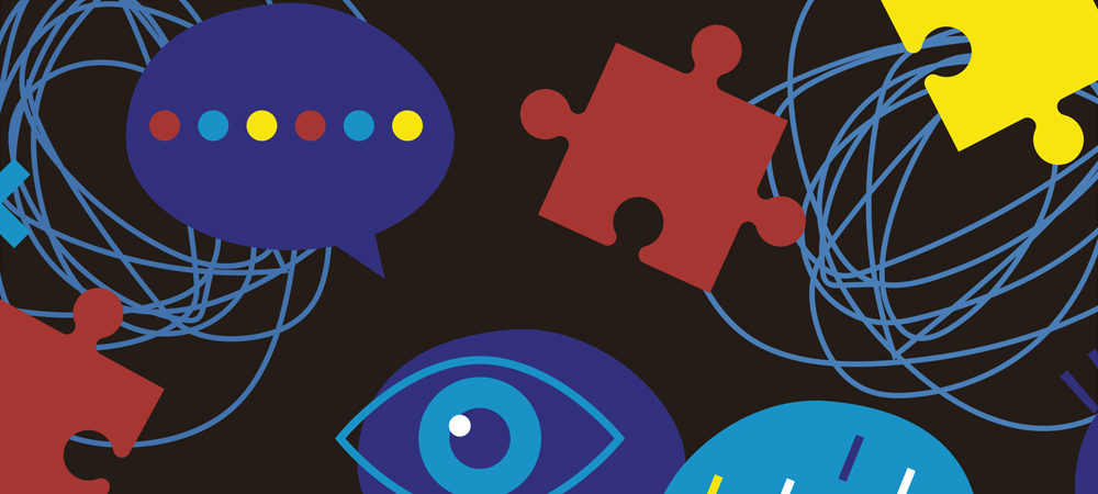 Abstract flat illustration on a black background featuring a purple speech bubble with colorful dots, red and yellow puzzle pieces, blue scribbled tangles, and a large blue eye.