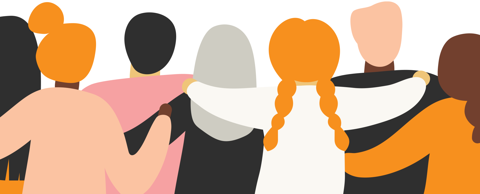 Flat vector illustration of six diverse people seen from behind, standing with their arms around one another’s shoulders.