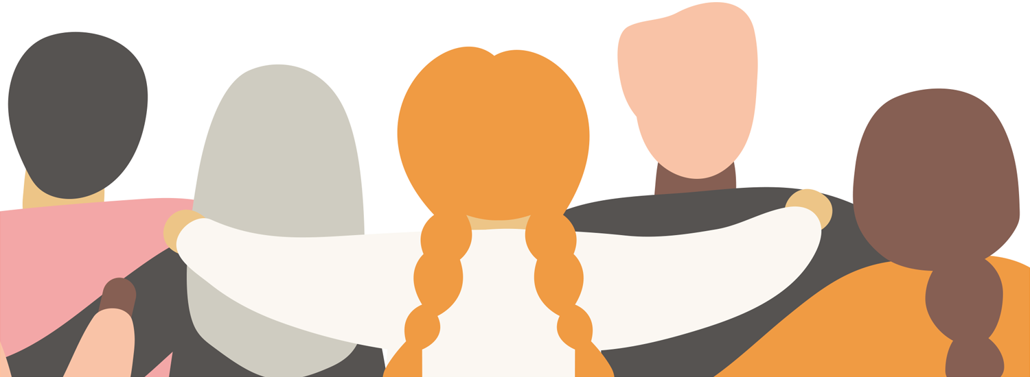 Flat vector illustration of six diverse people seen from behind, standing with their arms around one another’s shoulders.