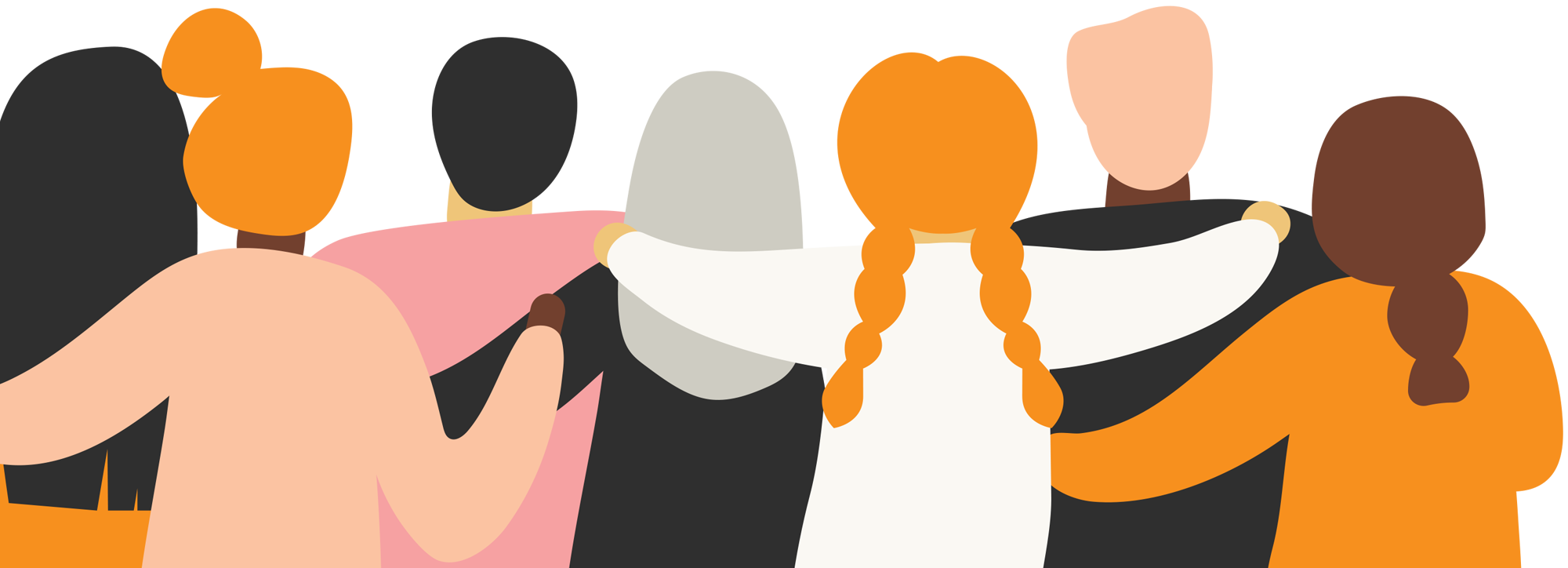 Flat vector illustration of six diverse people seen from behind, standing with their arms around one another’s shoulders.