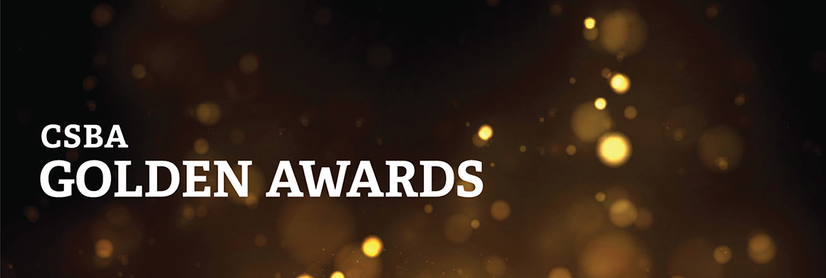 The text "CSBA GOLDEN AWARDS" on a dark background with blurry gold bokeh lights.