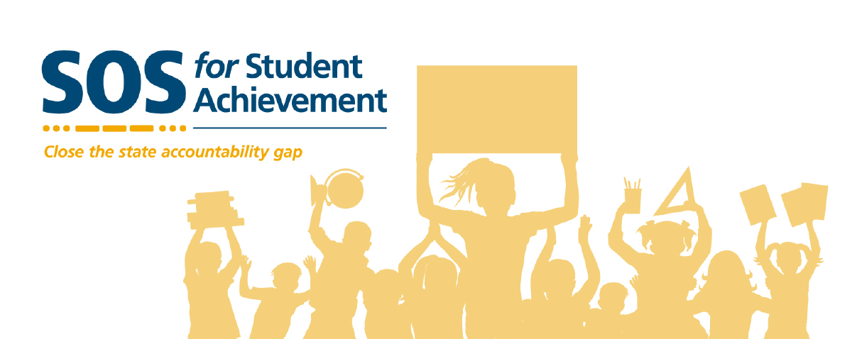 "SOS for Student Achievement" graphic featuring yellow silhouettes of children holding school items.