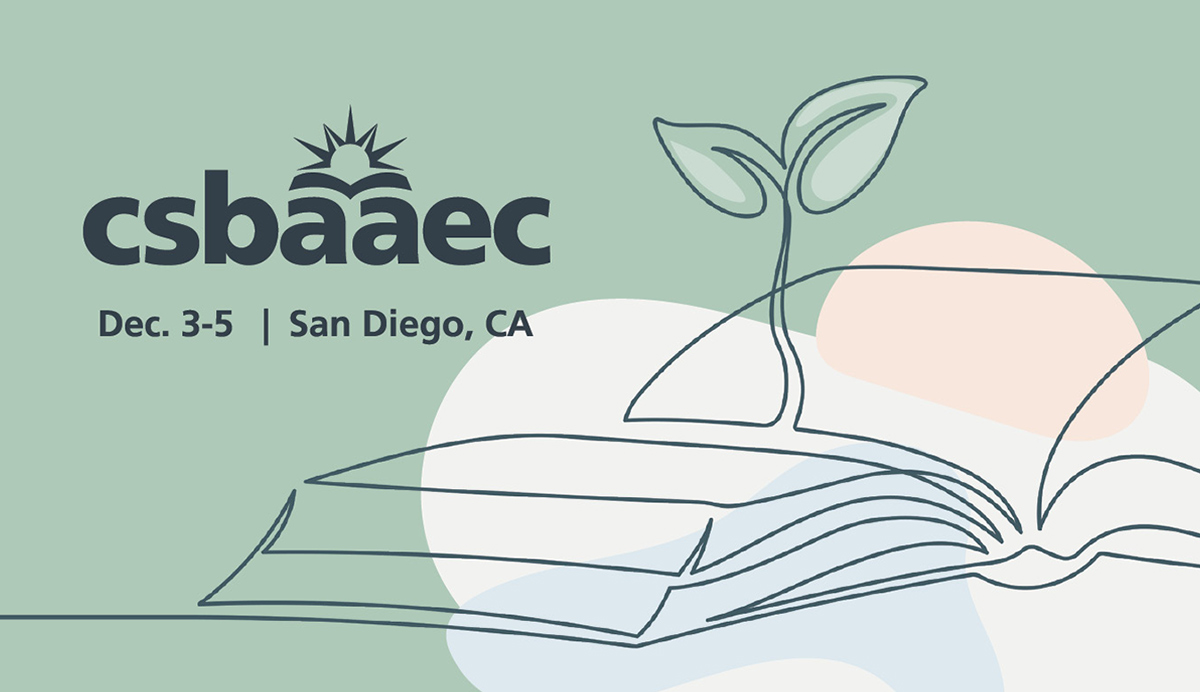 Meet the 2026 AEC General Session speakers Event graphic with text "csba aec, Dec. 3-5 | San Diego, CA" alongside a line-art illustration of a small plant sprouting from an open book.