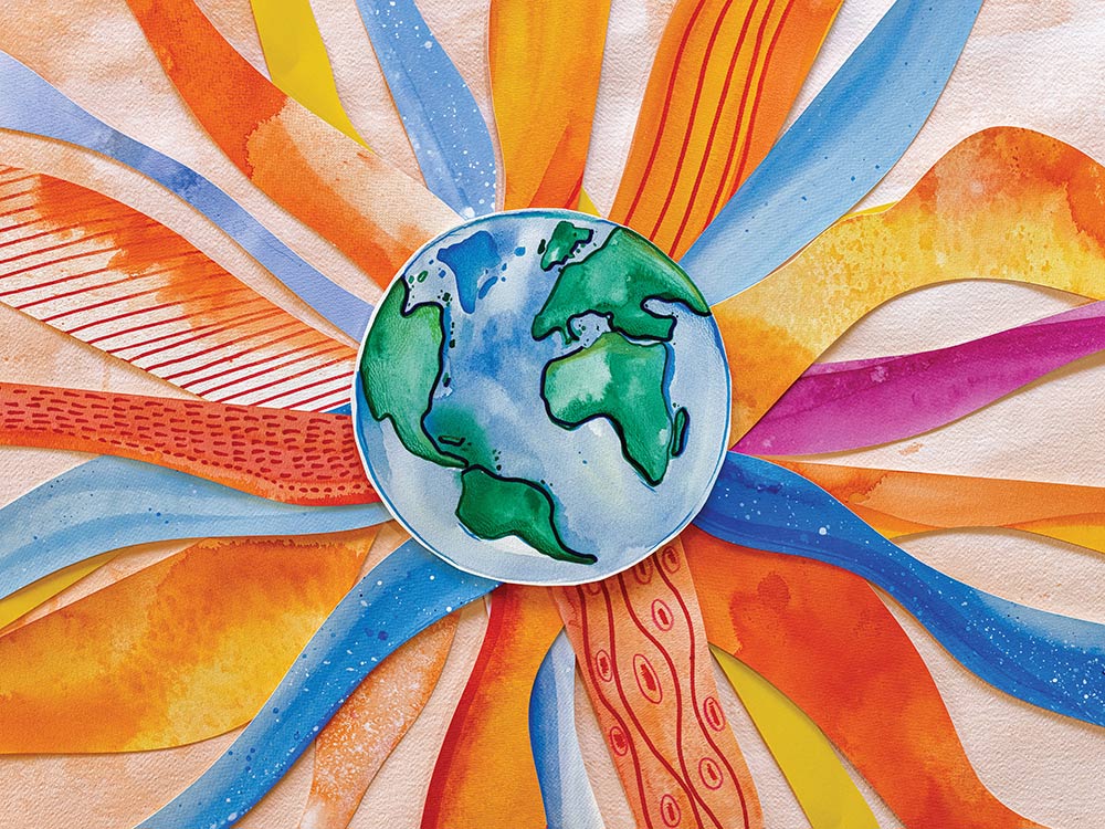 Paper collage illustration of Earth surrounded by colorful watercolor sunburst rays.