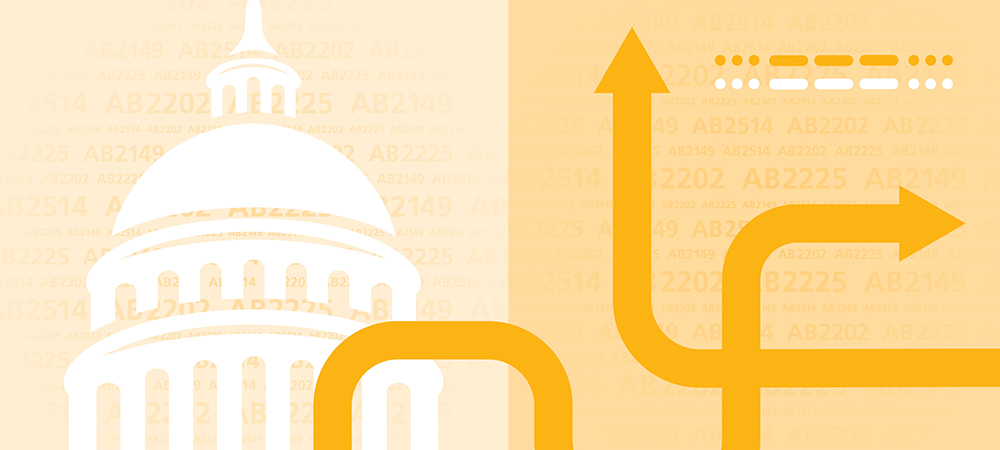 White capitol dome silhouette with rising yellow arrows over legislative bill numbers.