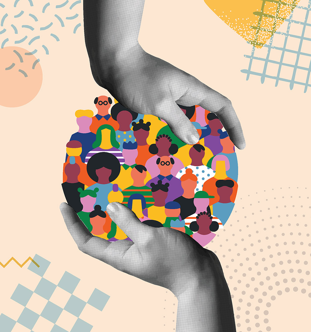 Abstract collage of hands holding a sphere filled with colorful, diverse people illustrations.