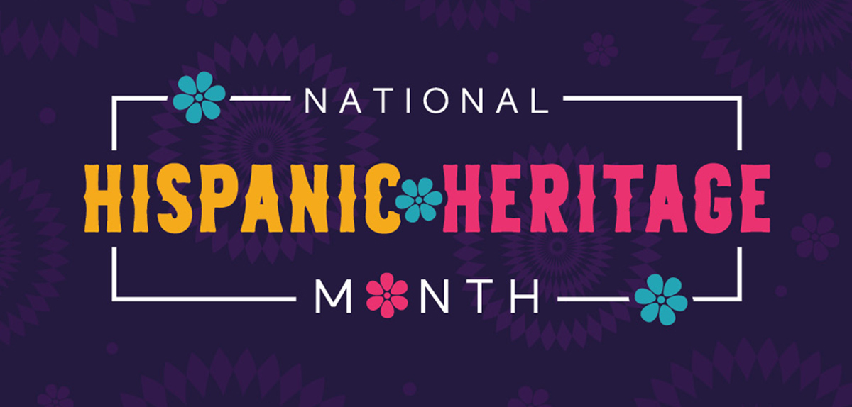 Hispanic Heritage Month Spotlight: Palomazo Academy Graphic reading "National Hispanic Heritage Month" in bold yellow, pink, and white lettering with floral accents on a dark purple background.
