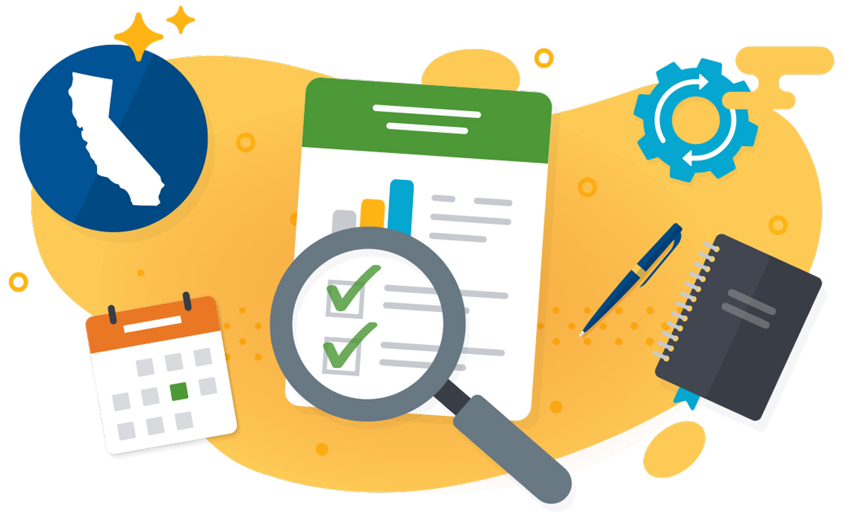 Flat graphic illustration of planning tools including a California map icon, report with magnifying glass, calendar, and notebook.