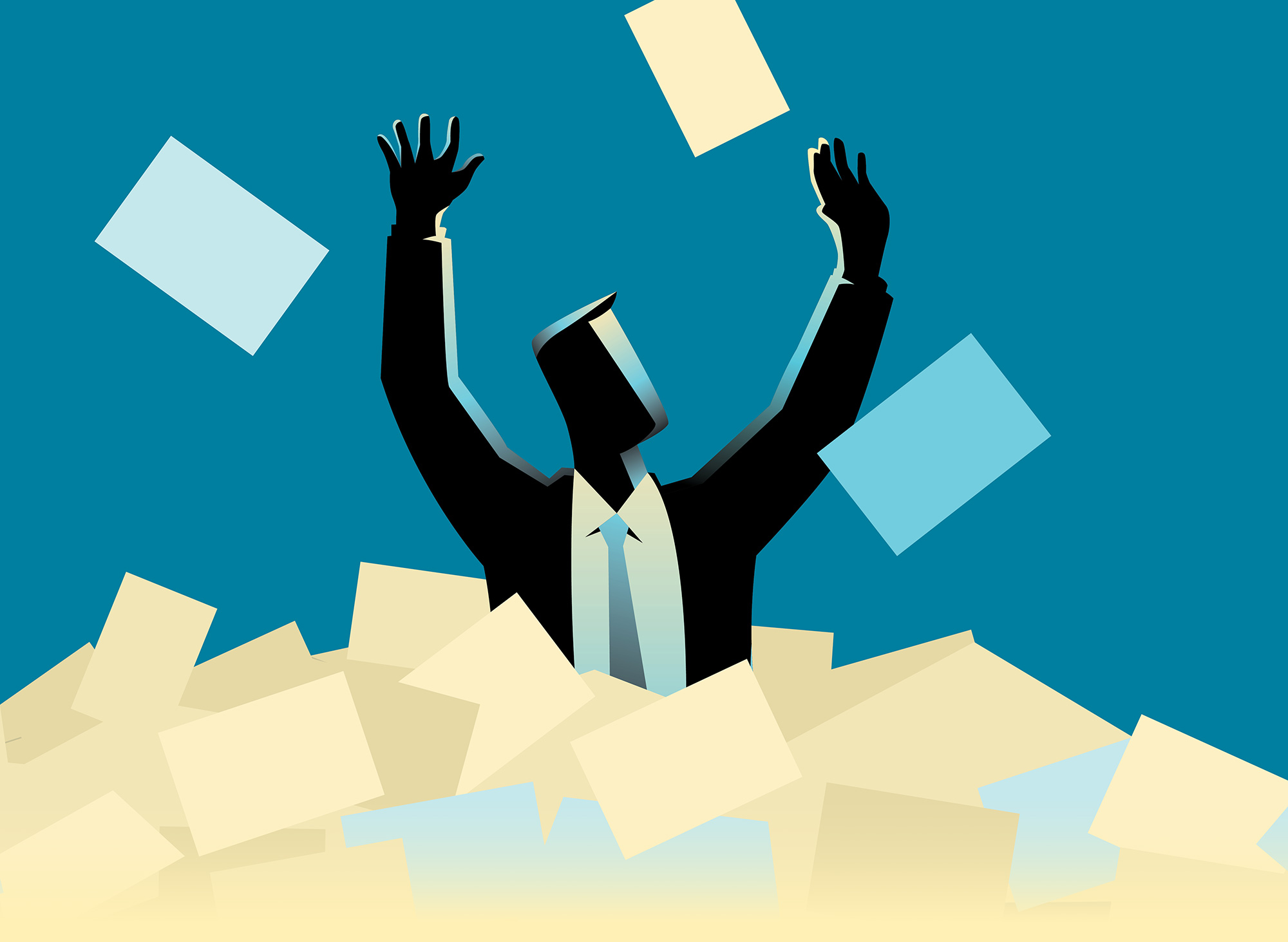 Stylized illustration of a person in a suit drowning in a sea of paperwork with hands raised in distress against a blue background.