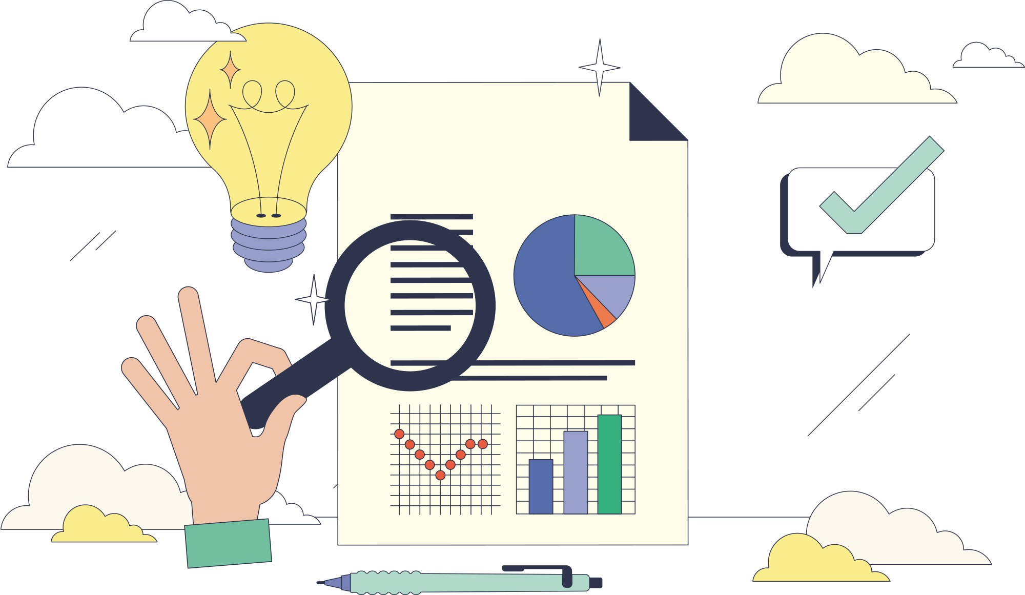 Conceptual illustration of a hand holding a magnifying glass over a data report with charts, a light bulb, and a checkmark speech bubble.