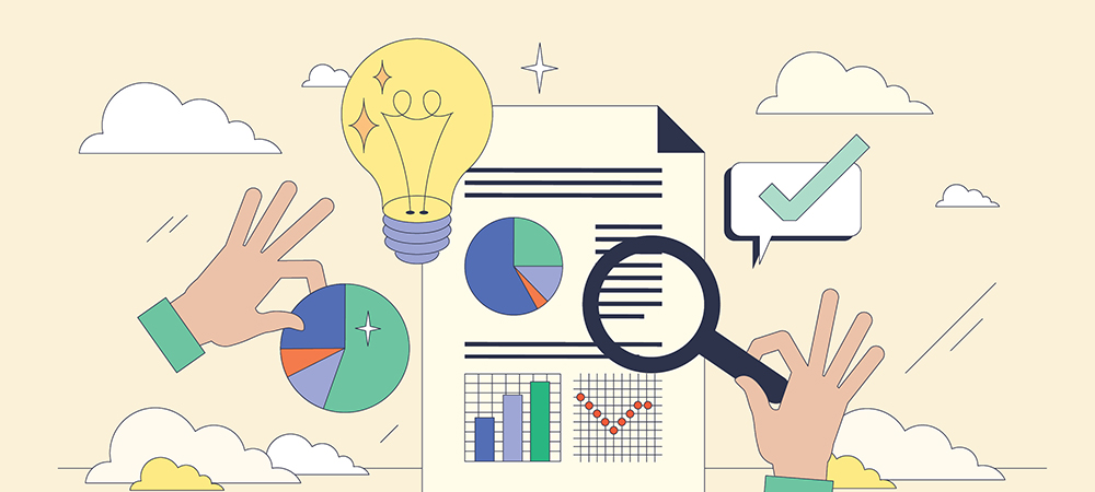 Hands examining data charts and graphs with a lightbulb symbol for new insights.
