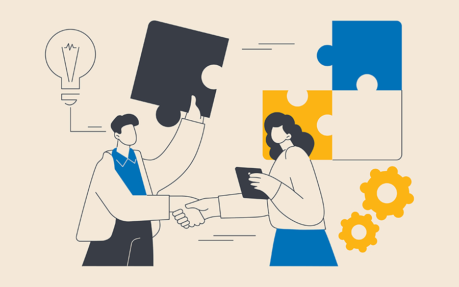 An illustration of two business professionals shaking hands surrounded by puzzle pieces and gear icons.